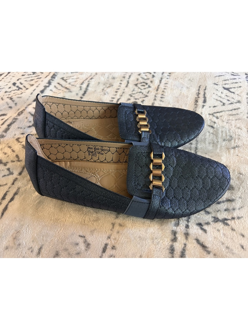 Victoria K Women's Black Textured Loafers with Gold Accent Size 9